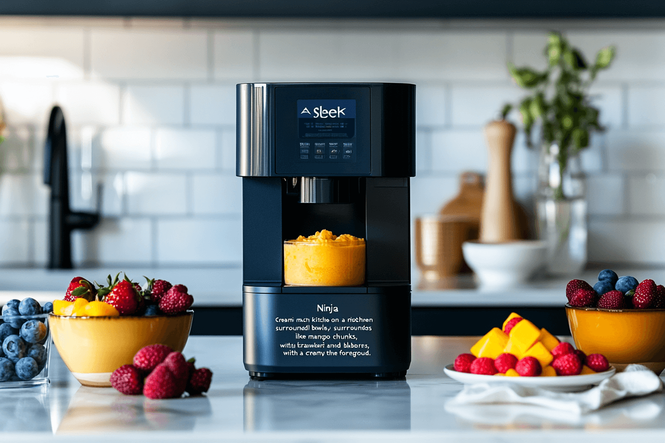 "A Ninja Creami appliance on a countertop surrounded by vibrant frozen fruits and a fresh sorbet in a glass bowl."