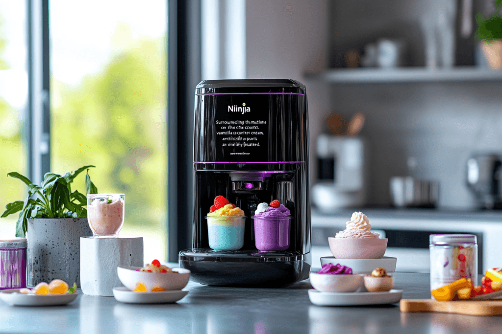 "Modern kitchen setup featuring a Ninja Creami machine surrounded by vibrant frozen desserts like sorbet and ice cream."