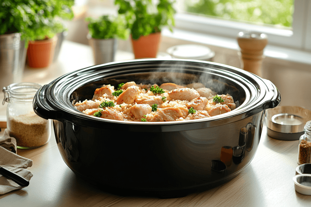A slow cooker filled with steaming chicken and rice, surrounded by broth and spices.