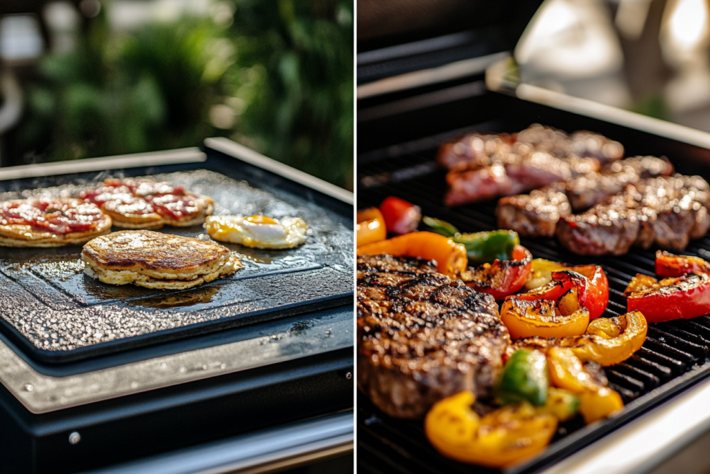 A split-screen comparison of a Blackstone griddle cooking pancakes and eggs and a traditional grill cooking steaks and bell peppers.