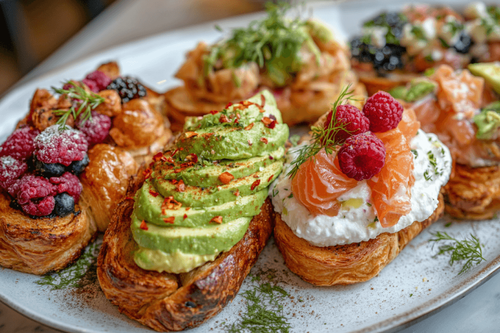 Slices of croissant toast with diverse toppings: avocado with chili flakes, berries with whipped cream, and smoked salmon with dill, highlighting its sweet and savory adaptability.