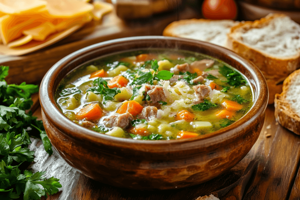 "A rustic bowl of Menestrón soup filled with colorful vegetables, pasta, and meat in a creamy green broth, served with bread and fresh herbs."