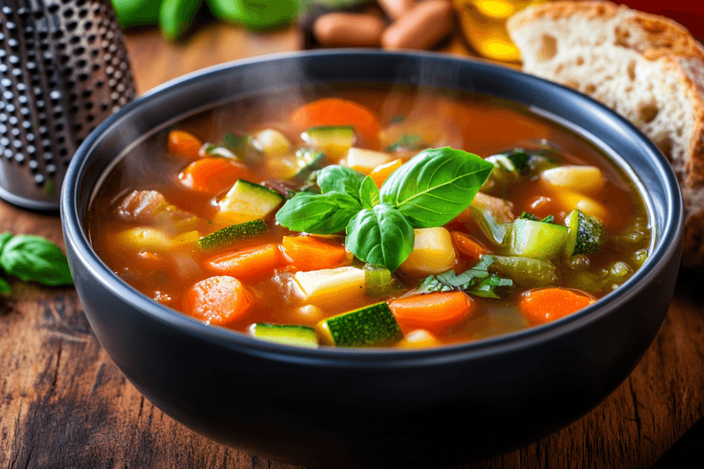 A steaming bowl of minestrone soup with colorful vegetables and fresh basil garnish on a rustic wooden table.