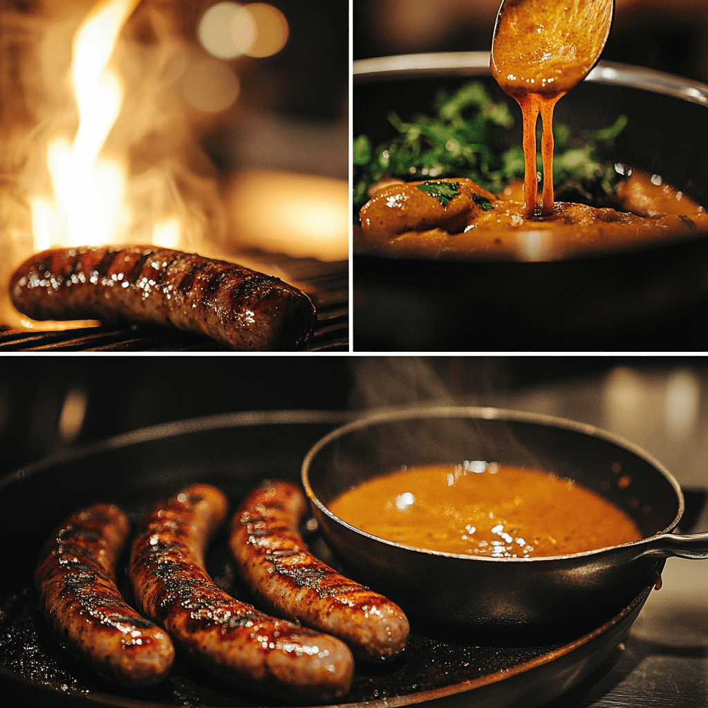 A step-by-step visual of grilling sausages, making curry sauce, and assembling the final Currywurst dish