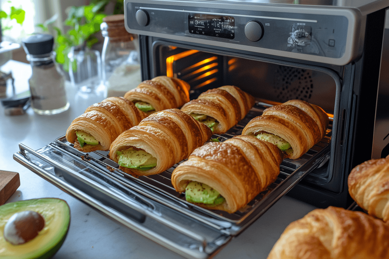 Croissant halves toasting in a toaster oven, surrounded by ingredients like avocado and cheese, ready for a savory sandwich creation.