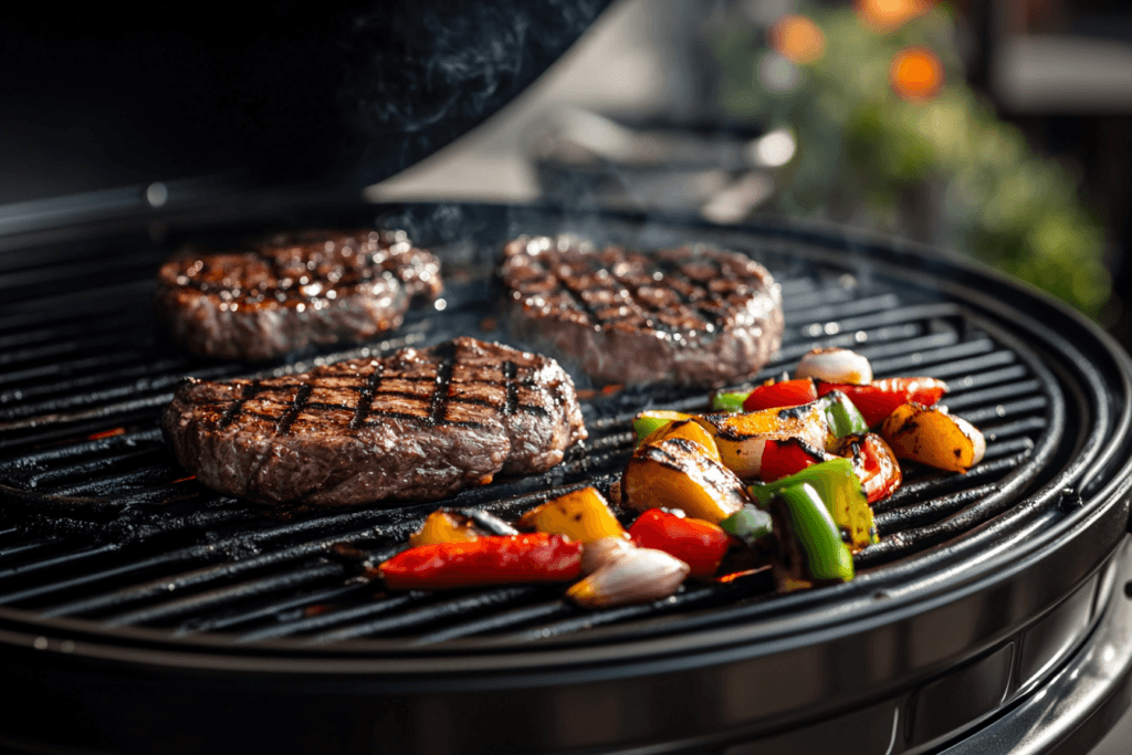 A traditional grill with an open flame, cooking steaks and vegetables. The grill grates show distinct char marks on the food, and light smoke rises into the air.