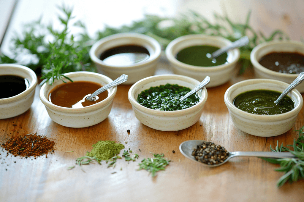 A selection of sauces in small bowls, including Alfredo, teriyaki, and broth, arranged with fresh herbs.