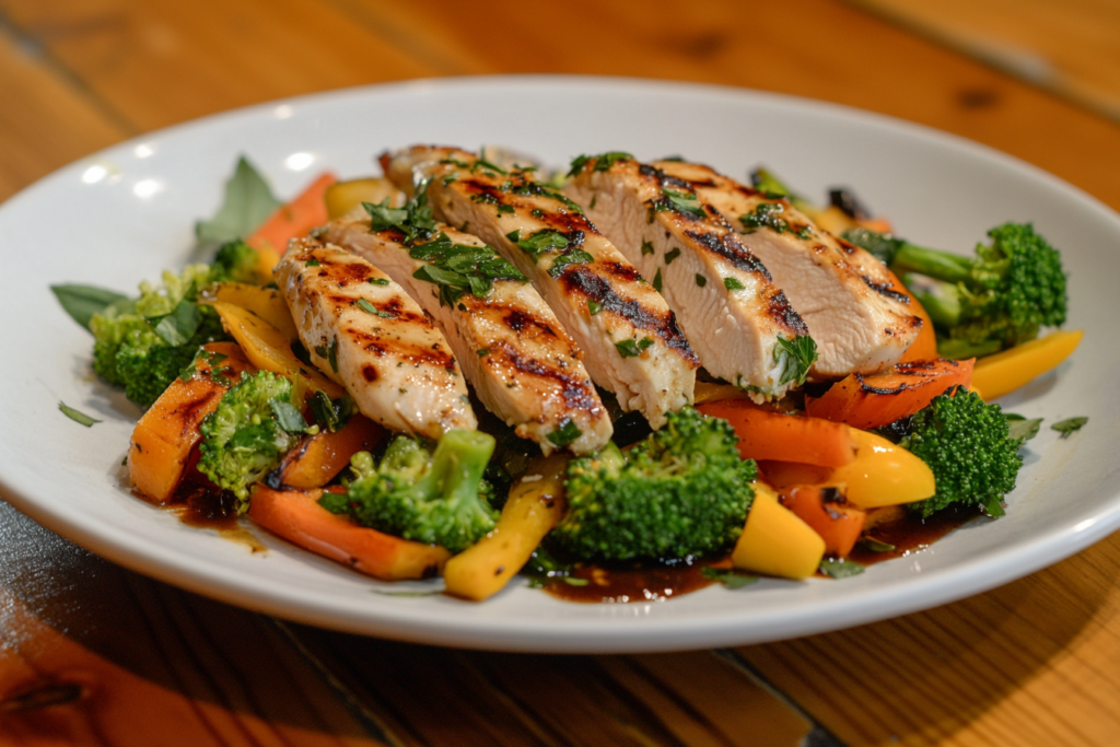 Healthy dish with thin-sliced chicken breast on a bed of vegetables, drizzled with lemon herb sauce.