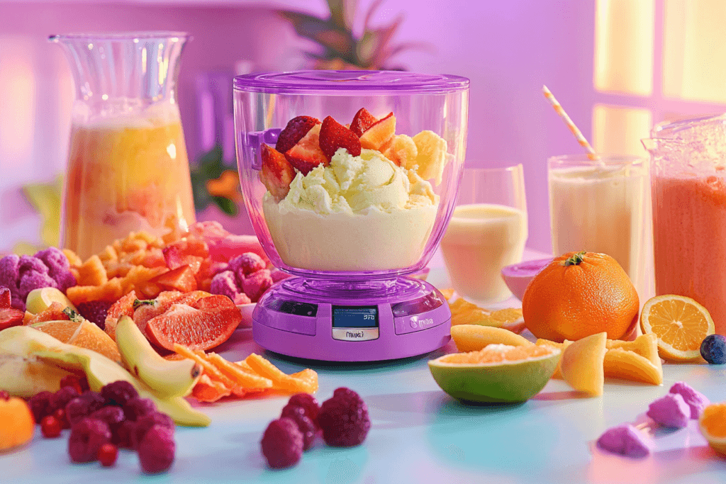 A Ninja Creami appliance surrounded by fresh fruits, cream, and dessert ingredients, showcasing a creative dessert-making setup in a bright kitchen.