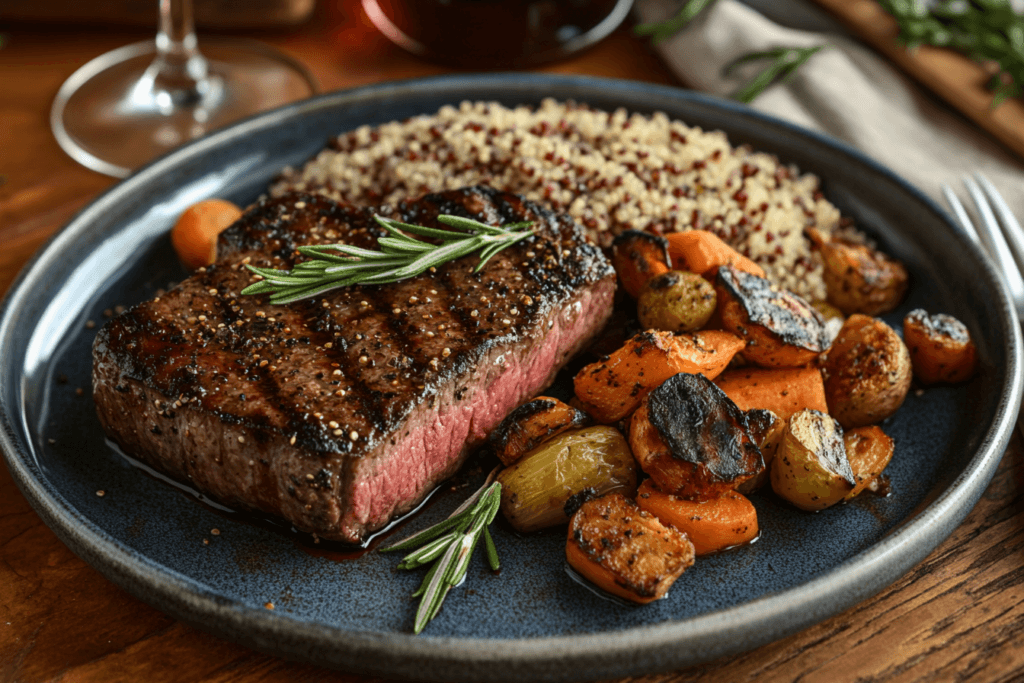A medium-rare 8 oz steak on a plate with vegetables, showcasing its rich, juicy texture and vibrant colors.