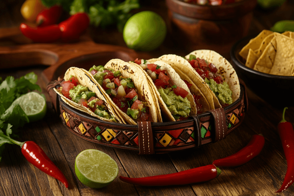 A vibrant display of traditional Mexican dishes on a rustic table.