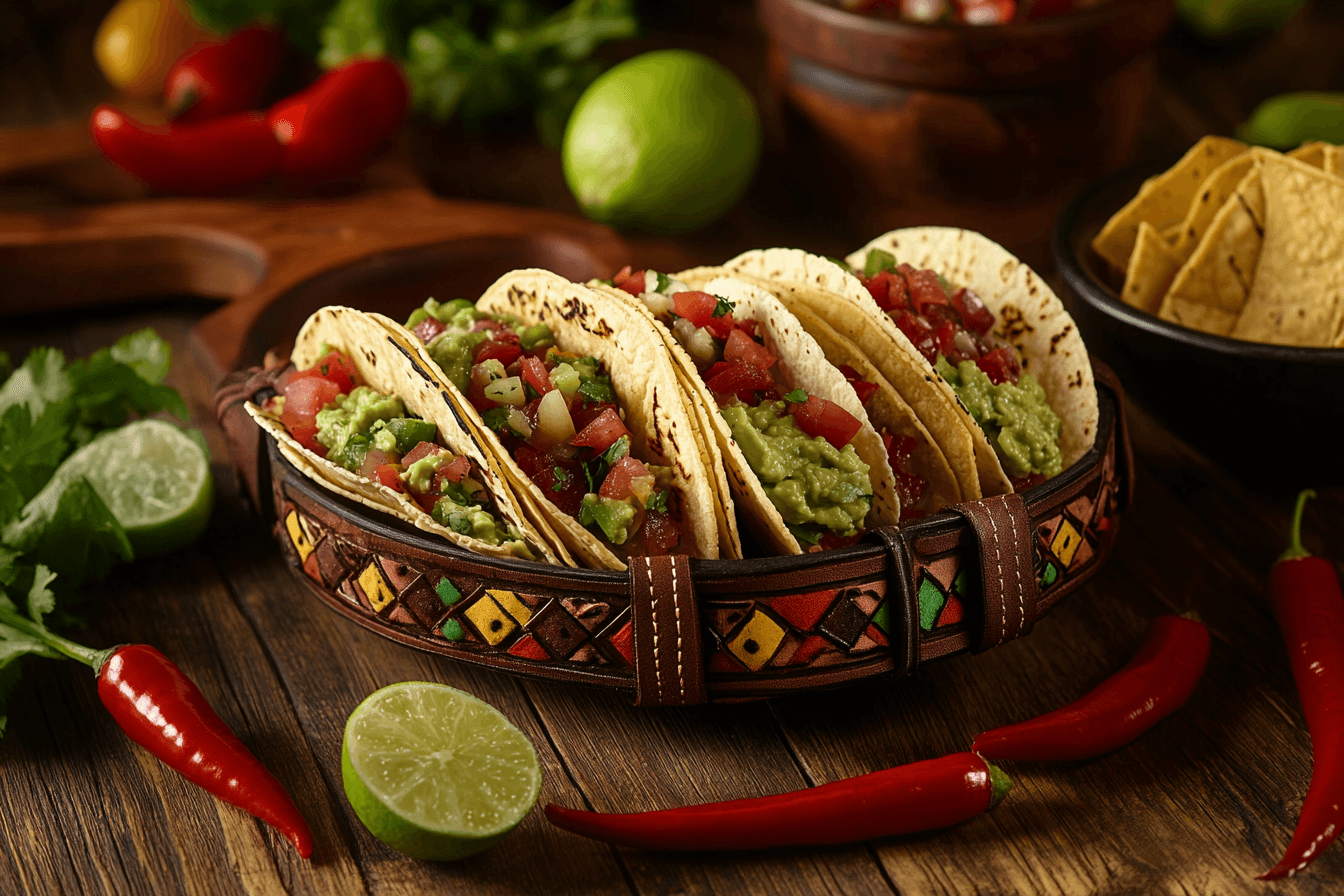 A vibrant display of traditional Mexican dishes on a rustic table.