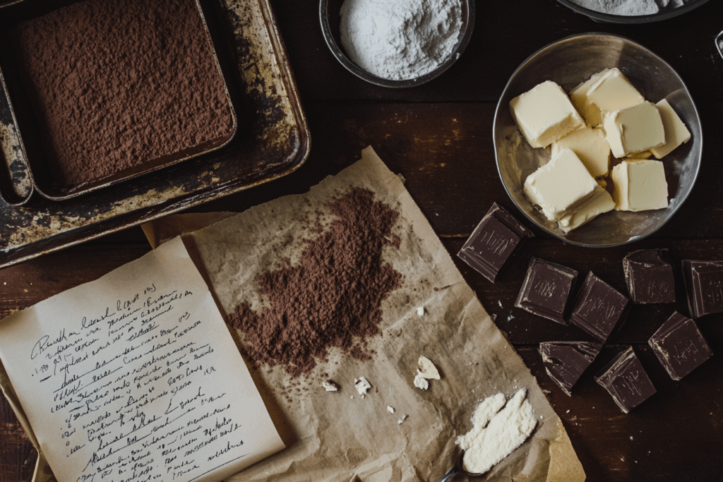 A rustic kitchen setup with brookie ingredients and a tray of baked brookies alongside recipe notes.