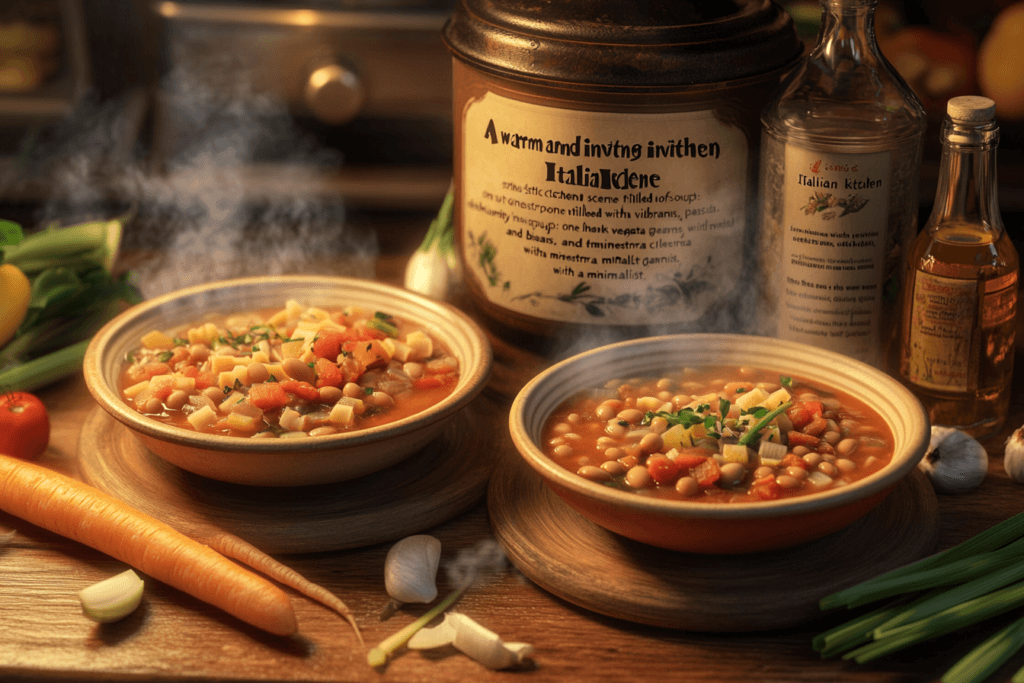 An Italian kitchen showcasing two soups, minestrone and minestra, surrounded by fresh ingredients on a rustic wooden table