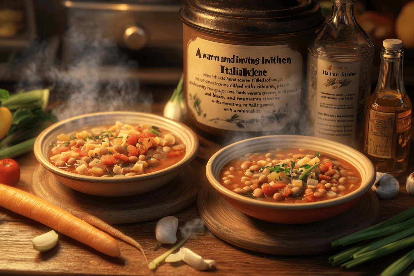 An Italian kitchen showcasing two soups, minestrone and minestra, surrounded by fresh ingredients on a rustic wooden table