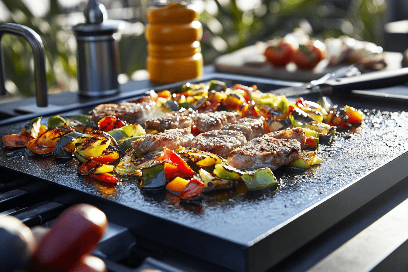 A seasoned Blackstone griddle outdoors with cooking tools and sizzling vegetables and meat, showcasing the versatility of griddle cooking.