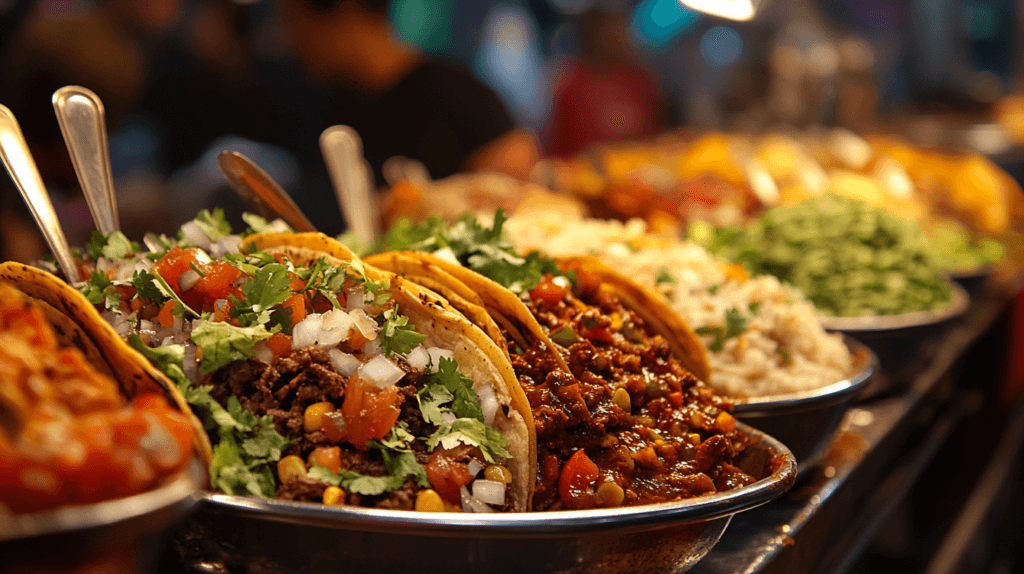 A vibrant display of traditional Mexican dishes including tacos with colorful toppings, enchiladas covered in red sauce, and a bowl of mole served with rice.