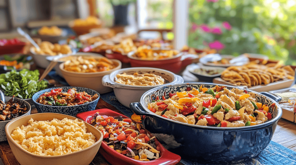 A table filled with a variety of Mexican dishes, including bowls of yellow rice, fresh salsas, creamy dips, and toppings, alongside crispy tortillas and colorful vegetables in a festive, outdoor setting.