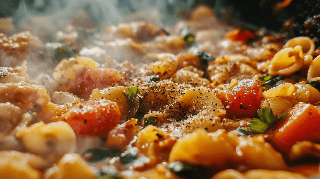 Close-up of steaming pasta shells with diced tomatoes, fresh herbs, and a sprinkle of black pepper and grated cheese.