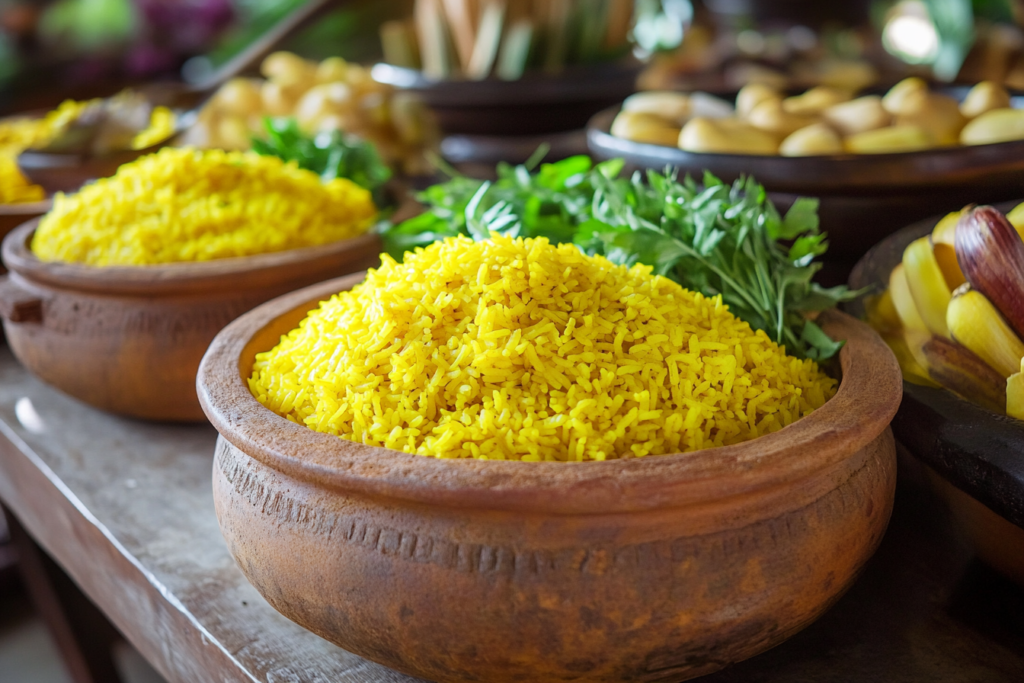 Traditional preparation of yellow rice with turmeric in an Indonesian kitchen.