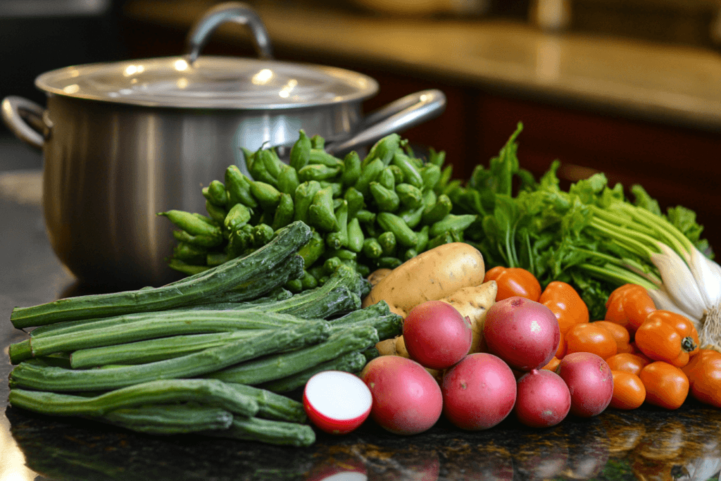 Fresh ingredients for Sinigang, including tamarind, kangkong, radish, okra, and tomatoes, displayed on a countertop, highlighting the dish's reliance on local, nutritious produce.