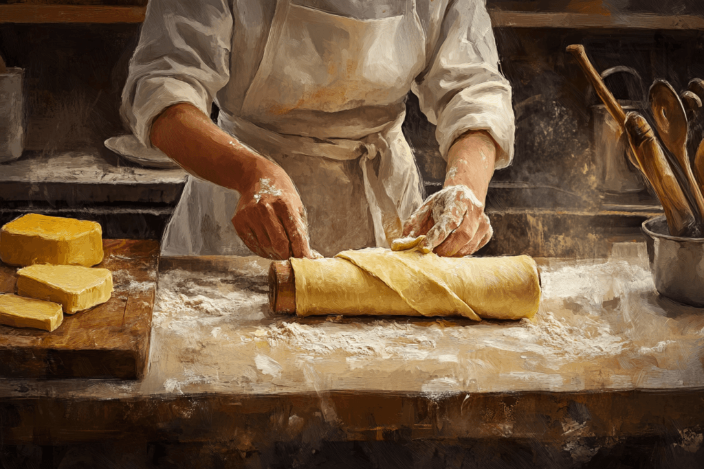 A chef rolling out croissant dough on a floured surface, with butter and a rolling pin in view, emphasizing the lamination process in a cozy kitchen setting.

