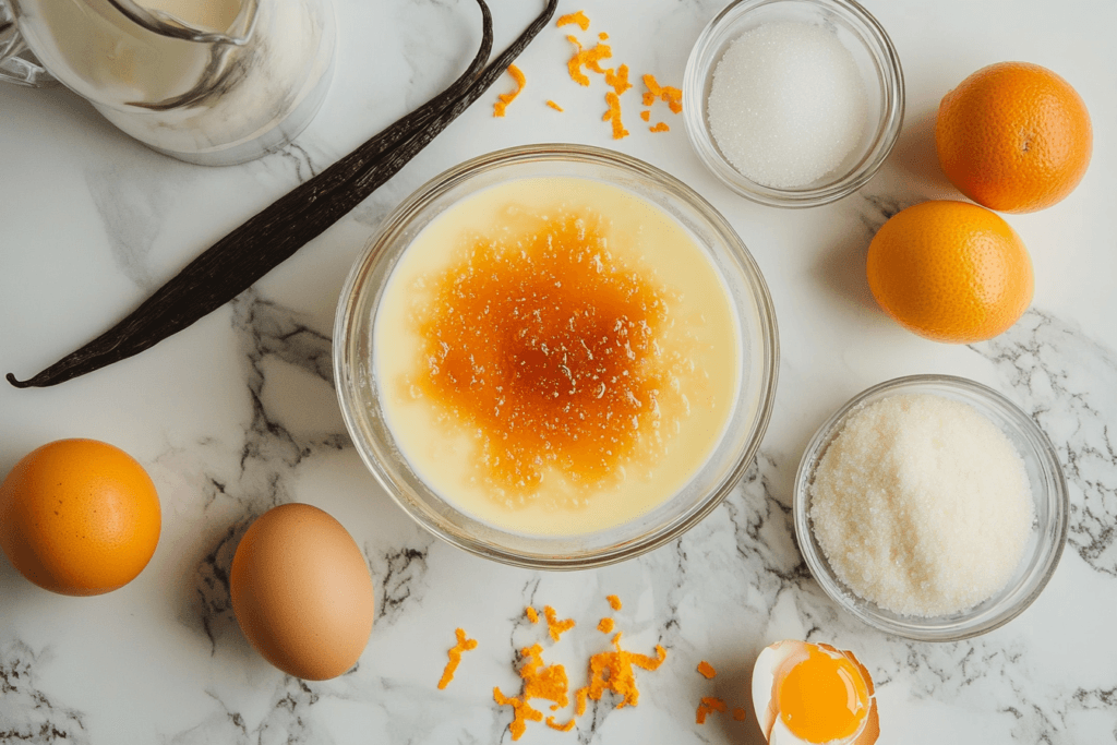 A flat lay of crème brûlée ingredients, including vanilla pods, cream, sugar, egg yolks, and orange zest.
