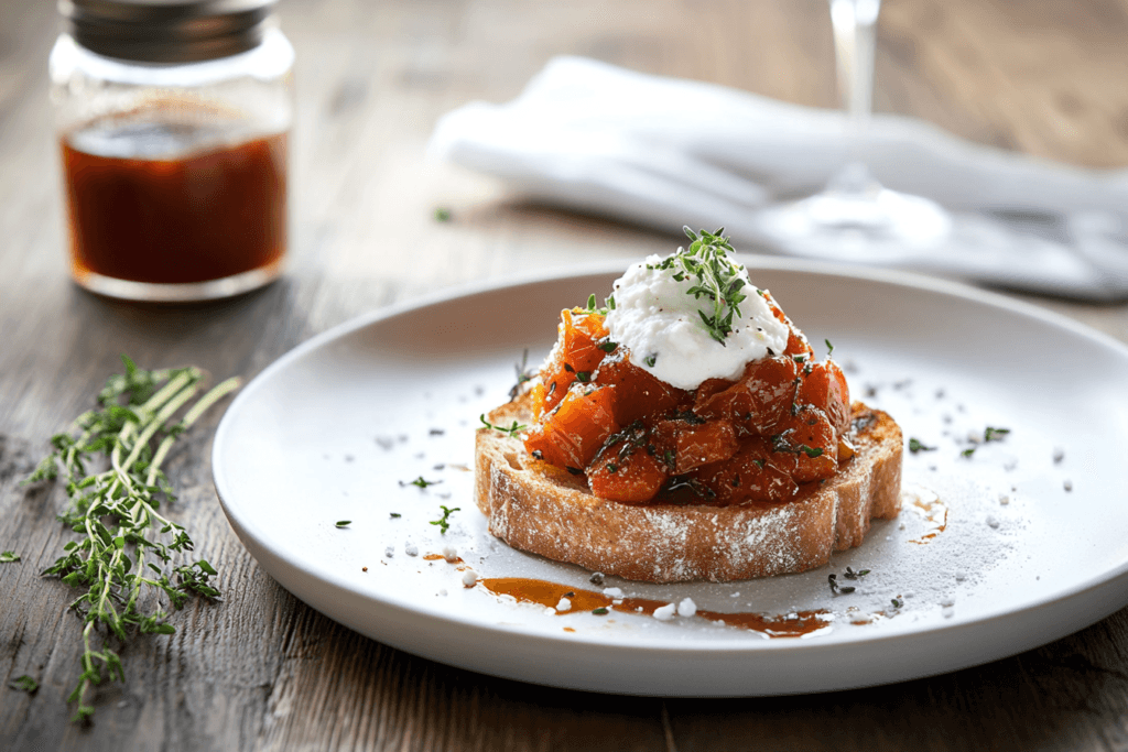 Tomato confit served on toasted bread with ricotta cheese, garnished with thyme and a drizzle of olive oil.