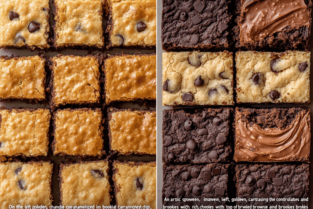 A split-screen of blondies and brookies, highlighting the golden and chocolatey contrasts between the two desserts.