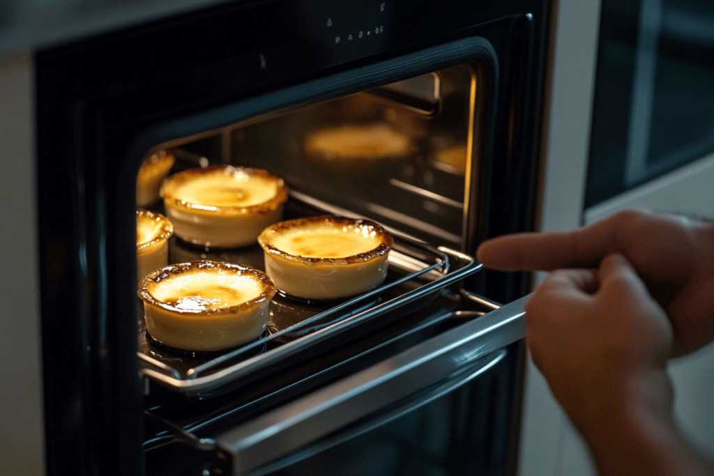 Ramekins in a water bath being placed into an oven, with steam rising.