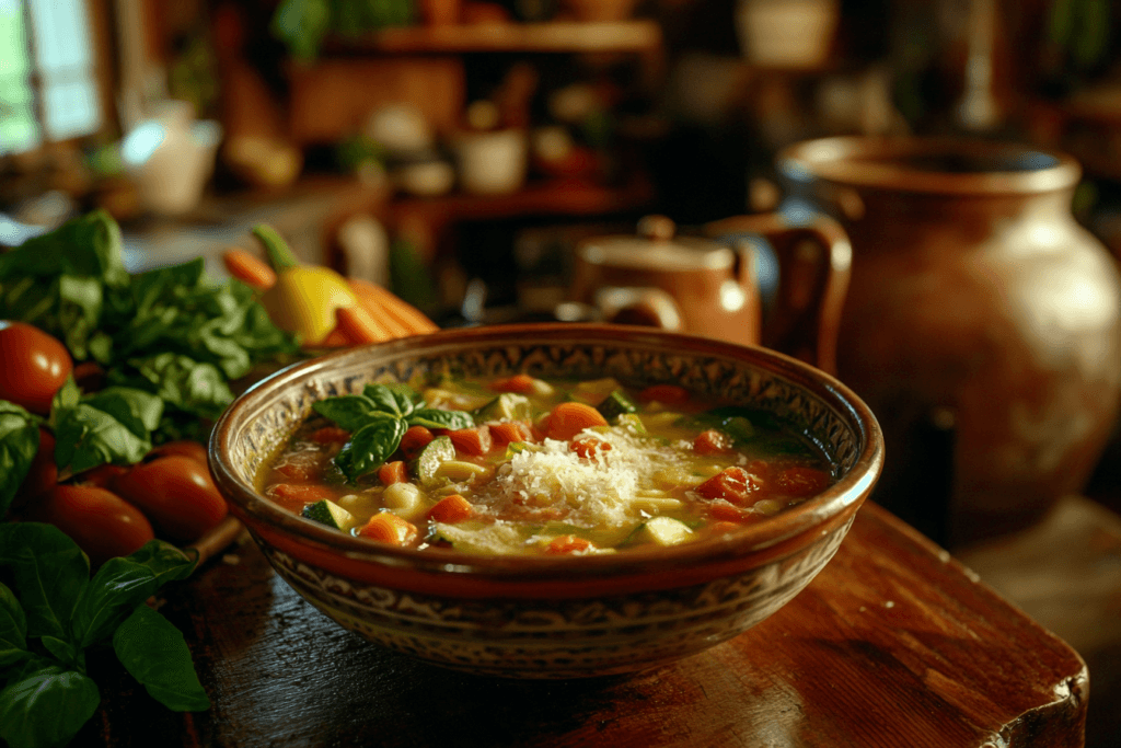 A rustic bowl of Italian minestrone soup surrounded by fresh vegetables like zucchini, carrots, and tomatoes, with Parmesan cheese sprinkled on top and a drizzle of olive oil, set in a cozy Italian kitchen.