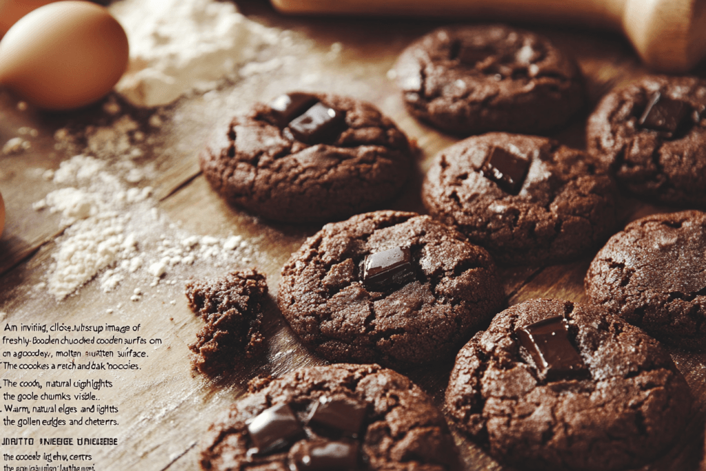 "Freshly baked double chunk chocolate cookies with gooey chocolate chunks on a rustic wooden surface."