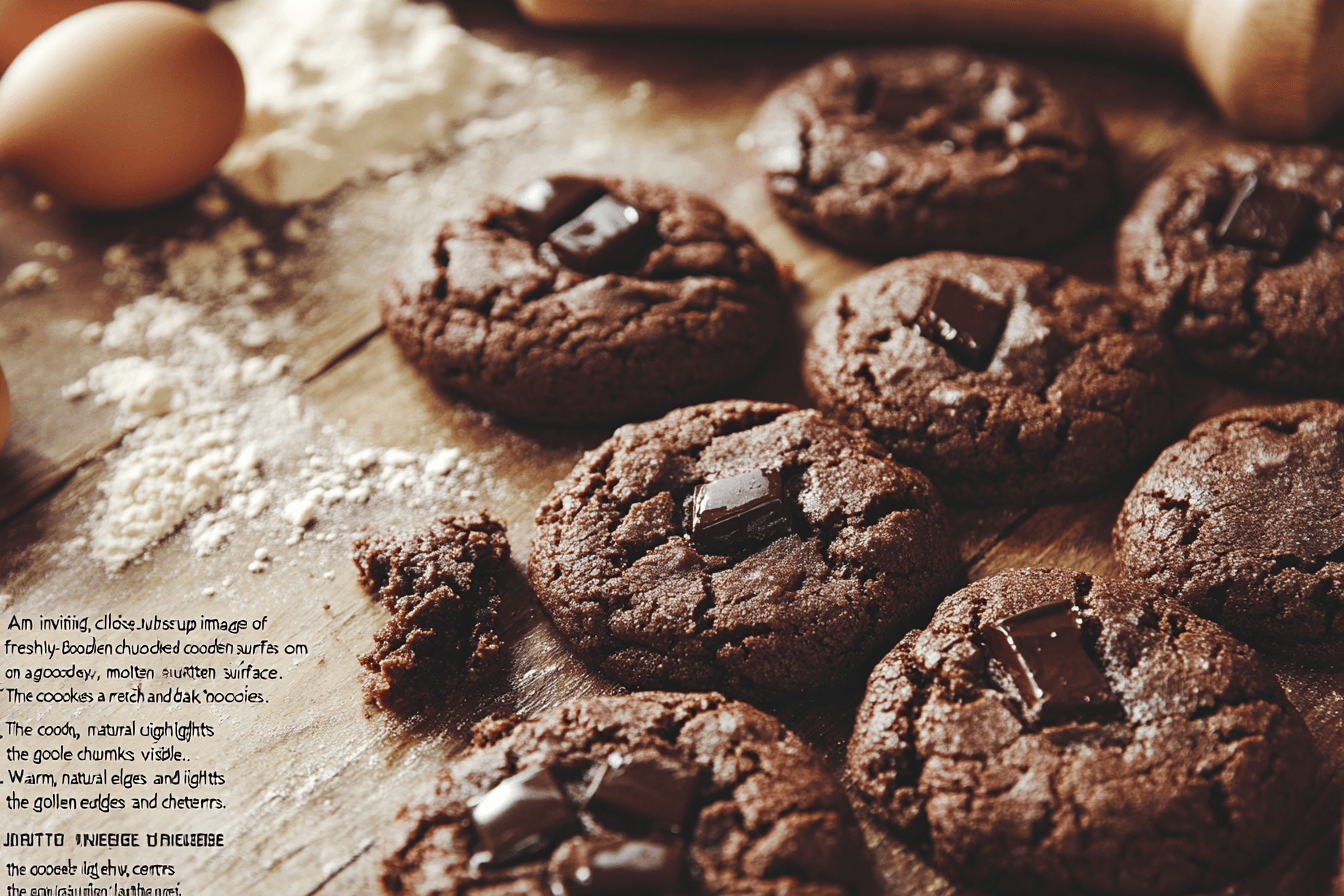 "Freshly baked double chunk chocolate cookies with gooey chocolate chunks on a rustic wooden surface."