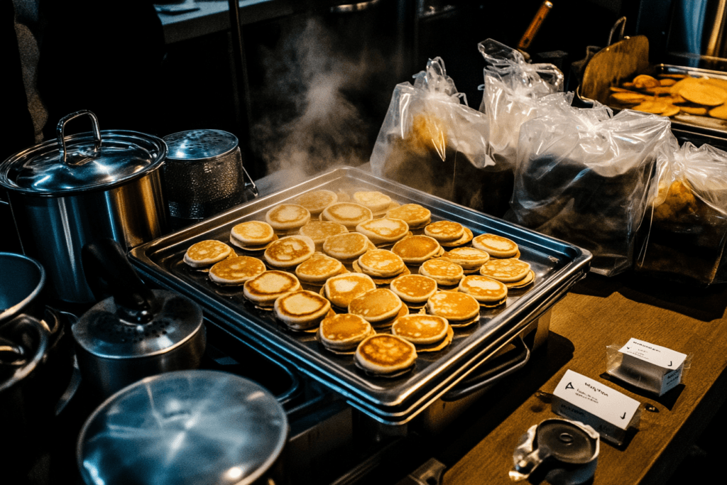 Mini pancakes stored on a warming tray, with chafing dishes, slow cookers, and insulated bags nearby for heat retention techniques.