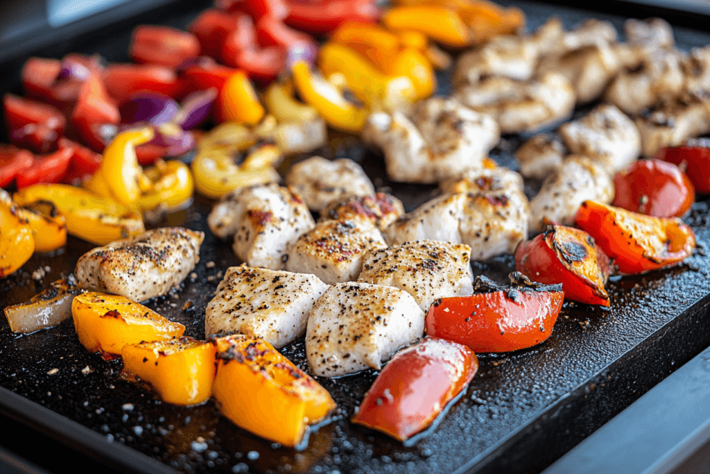 Close-up of a Blackstone griddle cooking lean proteins and vegetables with minimal oil and a visible grease trap.