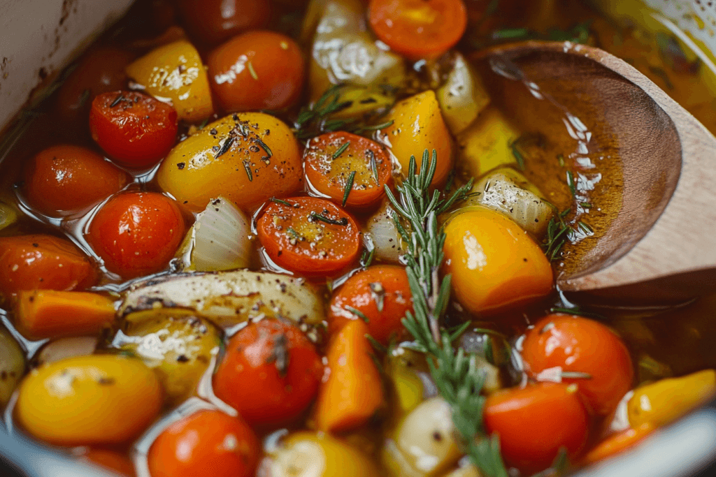"Baking dish filled with confit vegetables submerged in olive oil with rosemary and thyme."