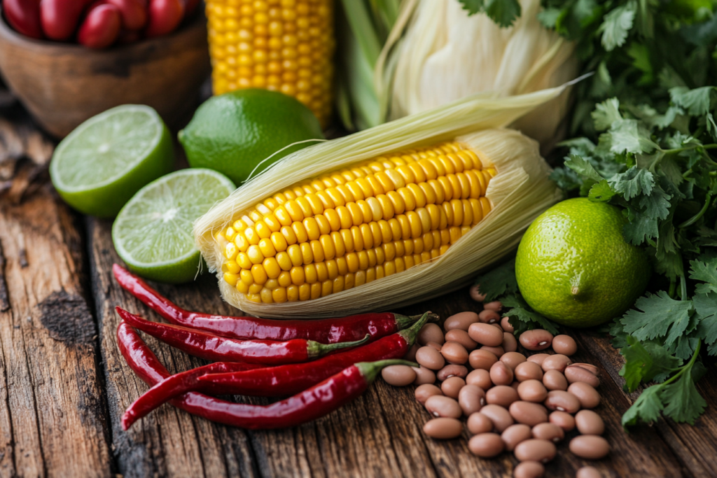 Fresh Mexican ingredients on a wooden table.