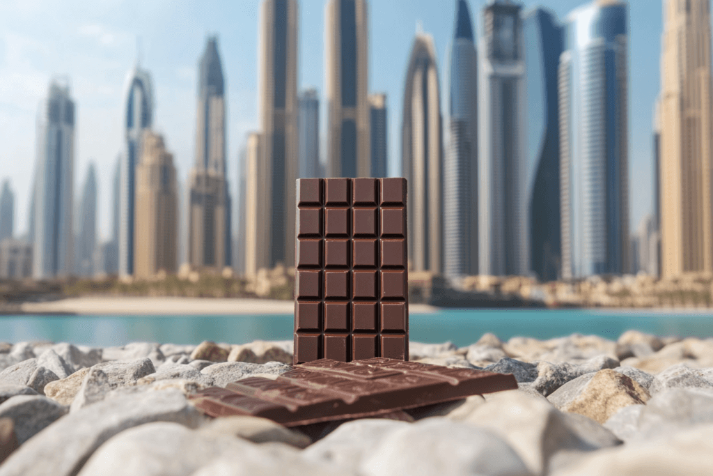 Luxurious Dubai chocolate bars with exotic Middle Eastern ingredients displayed in elegant packaging, featuring gold accents and intricate designs.