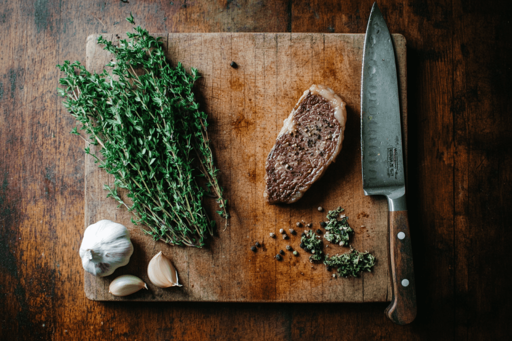A 6 oz steak resting on a wooden cutting board surrounded by fresh herbs and garlic cloves.