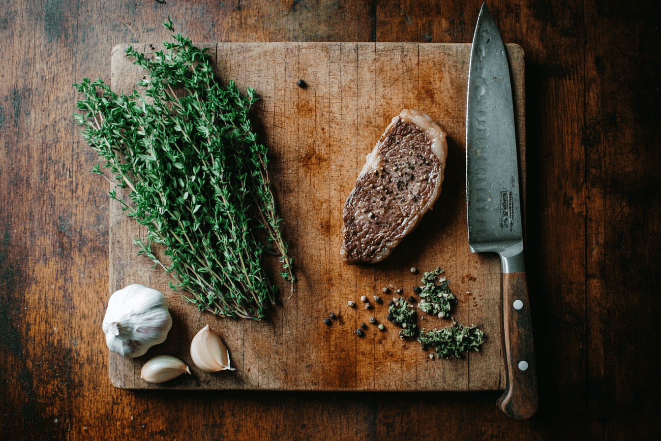 A 6 oz steak resting on a wooden cutting board surrounded by fresh herbs and garlic cloves.