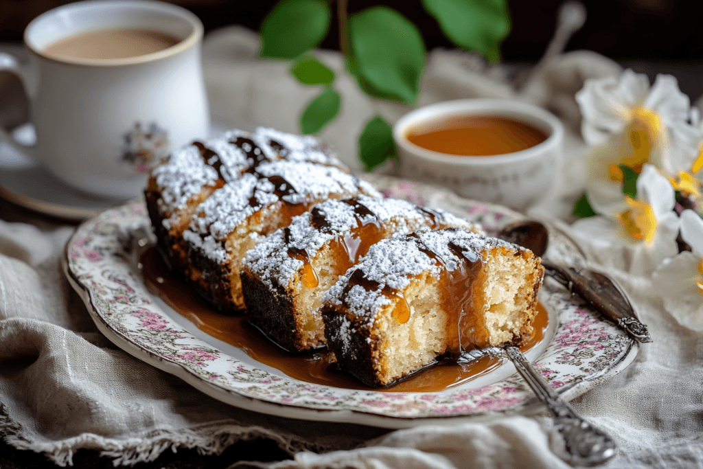 Sliced brookies on a decorative platter garnished with powdered sugar, served with caramel sauce and coffee.