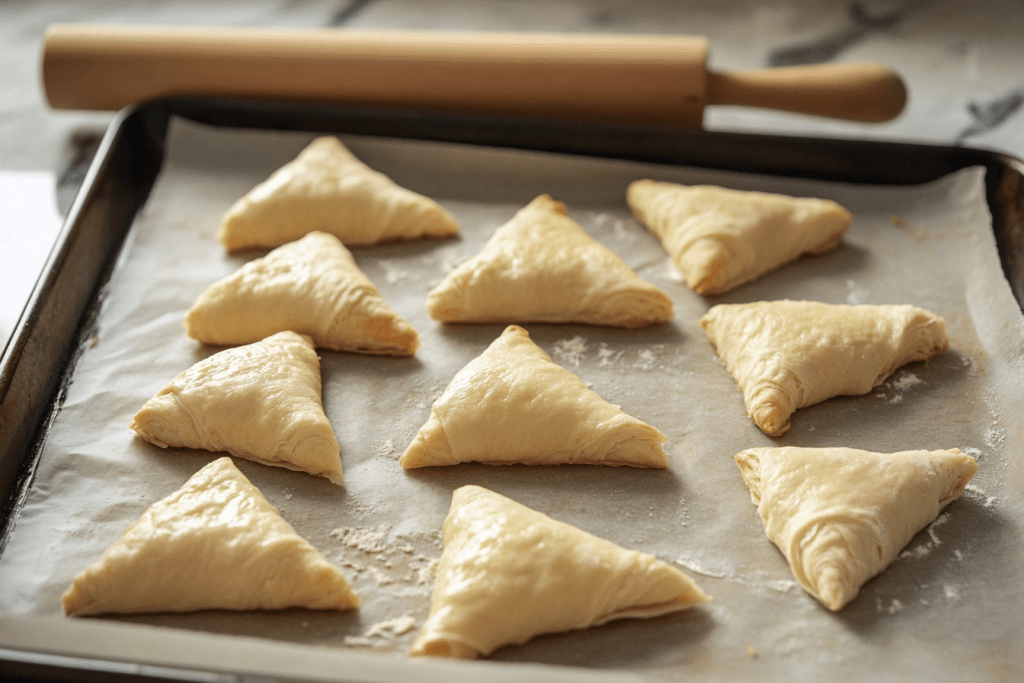 Croissant dough being shaped into crescents