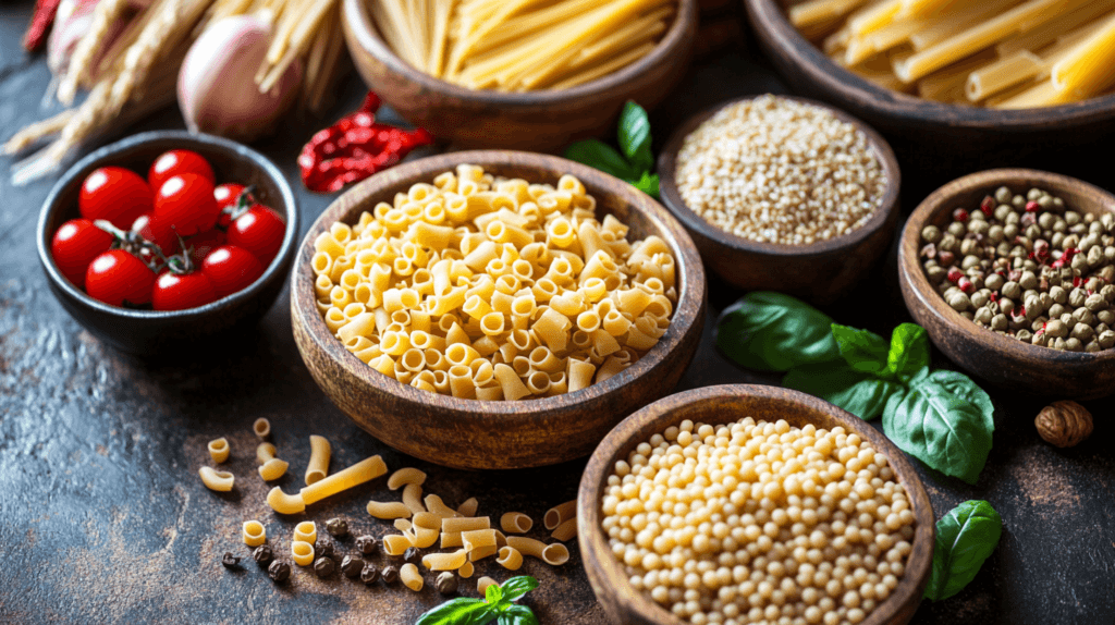 A rustic arrangement of pasta varieties and fresh ingredients on a dark textured surface. Wooden bowls hold different types of pasta, including short tube shapes and couscous, alongside bowls of cherry tomatoes, whole peppercorns, and dried grains. Fresh basil leaves and garlic bulbs are scattered around, creating a vibrant, earthy scene that highlights the diversity of Italian cooking staples.