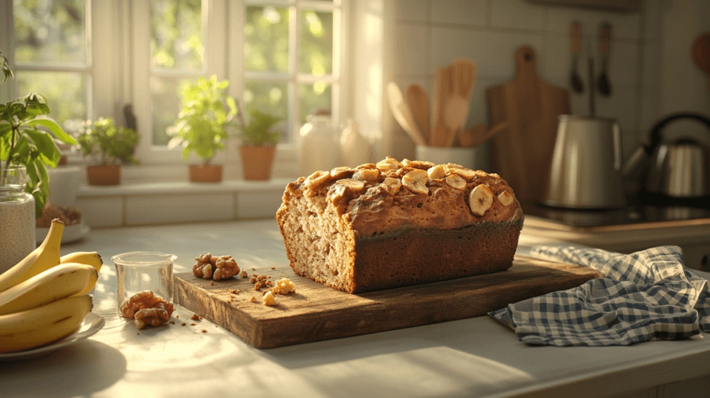 Freshly baked banana bread loaf with ripe bananas and walnuts.