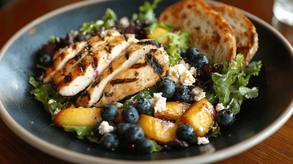 Blueberry peach feta salad with grilled chicken.