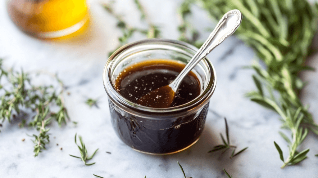 Honey balsamic vinaigrette in a jar.