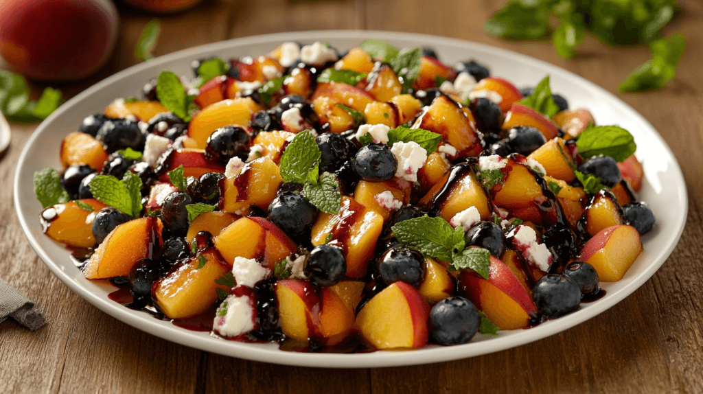 Fresh blueberry peach feta salad with mint and balsamic dressing.
