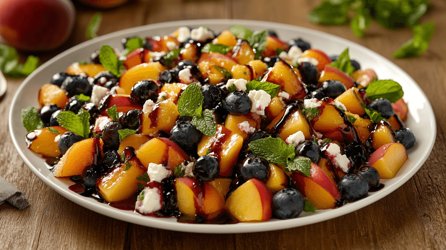 Fresh blueberry peach feta salad with mint and balsamic dressing.