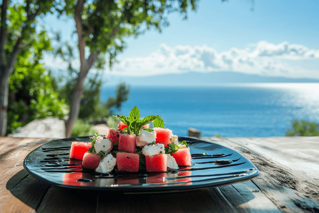 Watermelon and feta salad with mint and balsamic glaze.