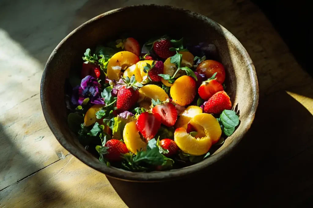 A vibrant summer salad with fresh fruits and greens.